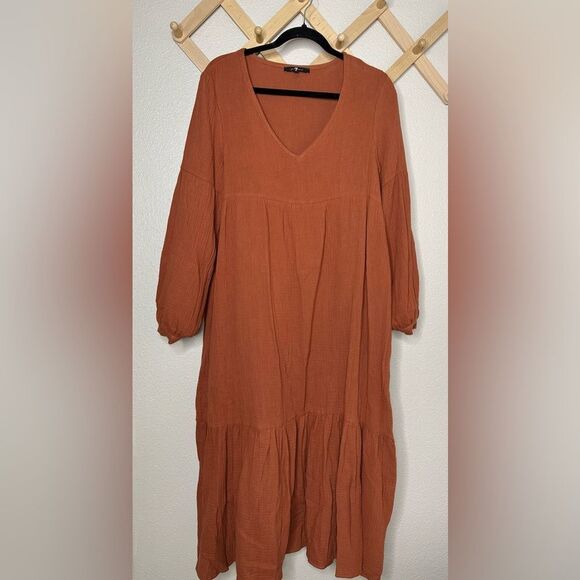 7 for all Mankind Gauzy Burnt Orange Dress Sz XS - Picture 2 of 7